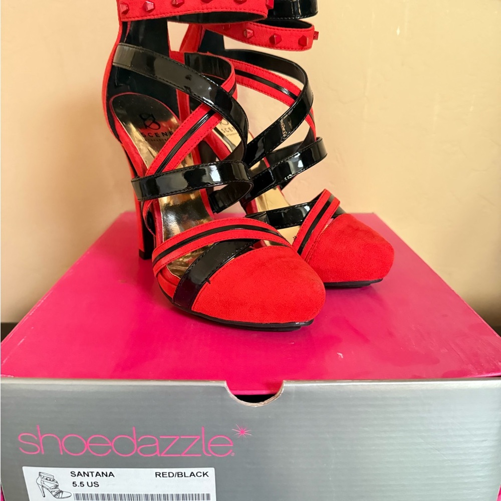 Shoe Dazzle Red and Black Strappy Heels
